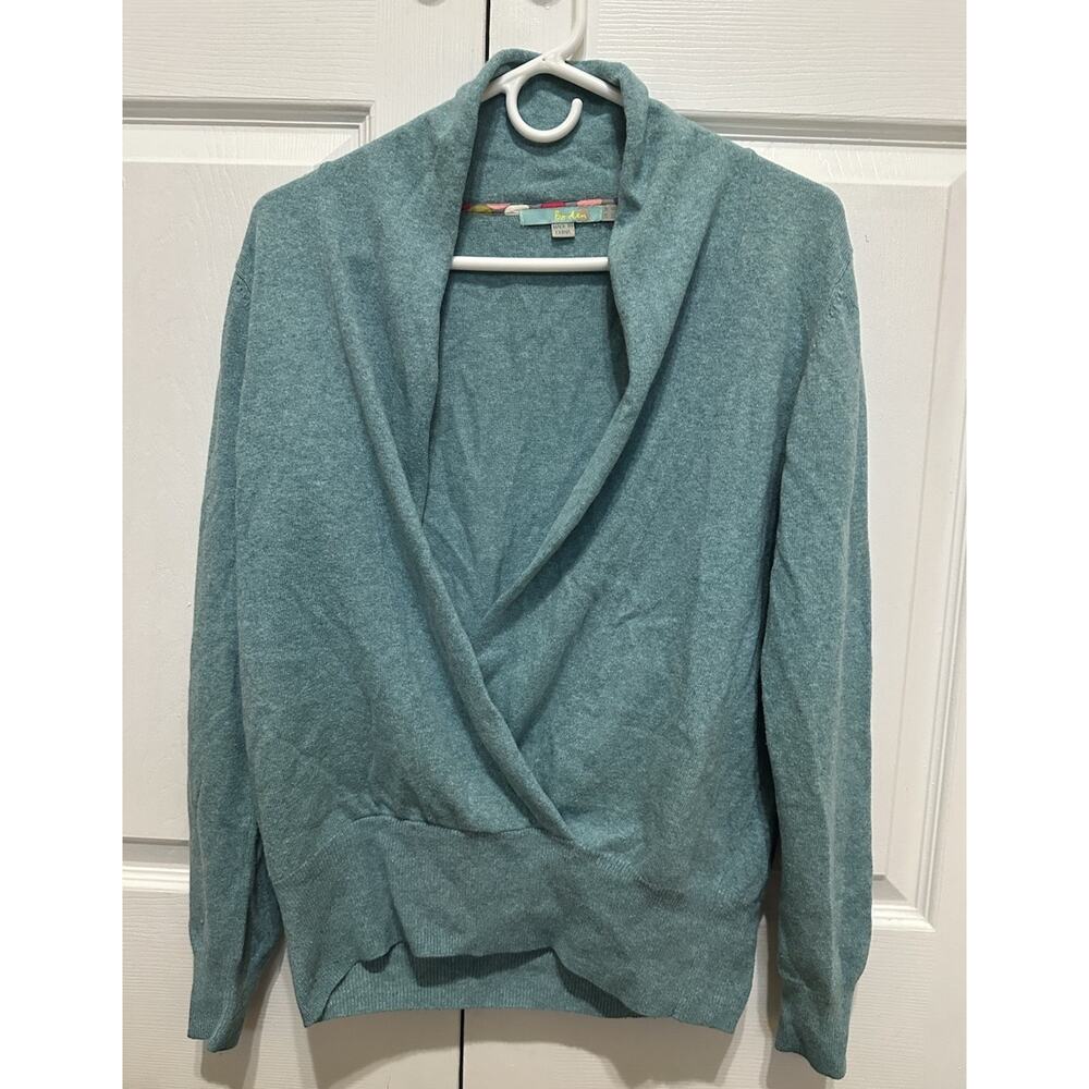 Boden Teal Heather Cashmere-Mix Wrap Sweater with Shawl Collar Size 10